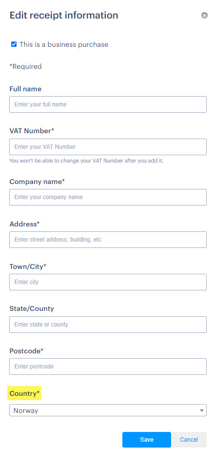 Edit receipt information dialog for Solibri subscription