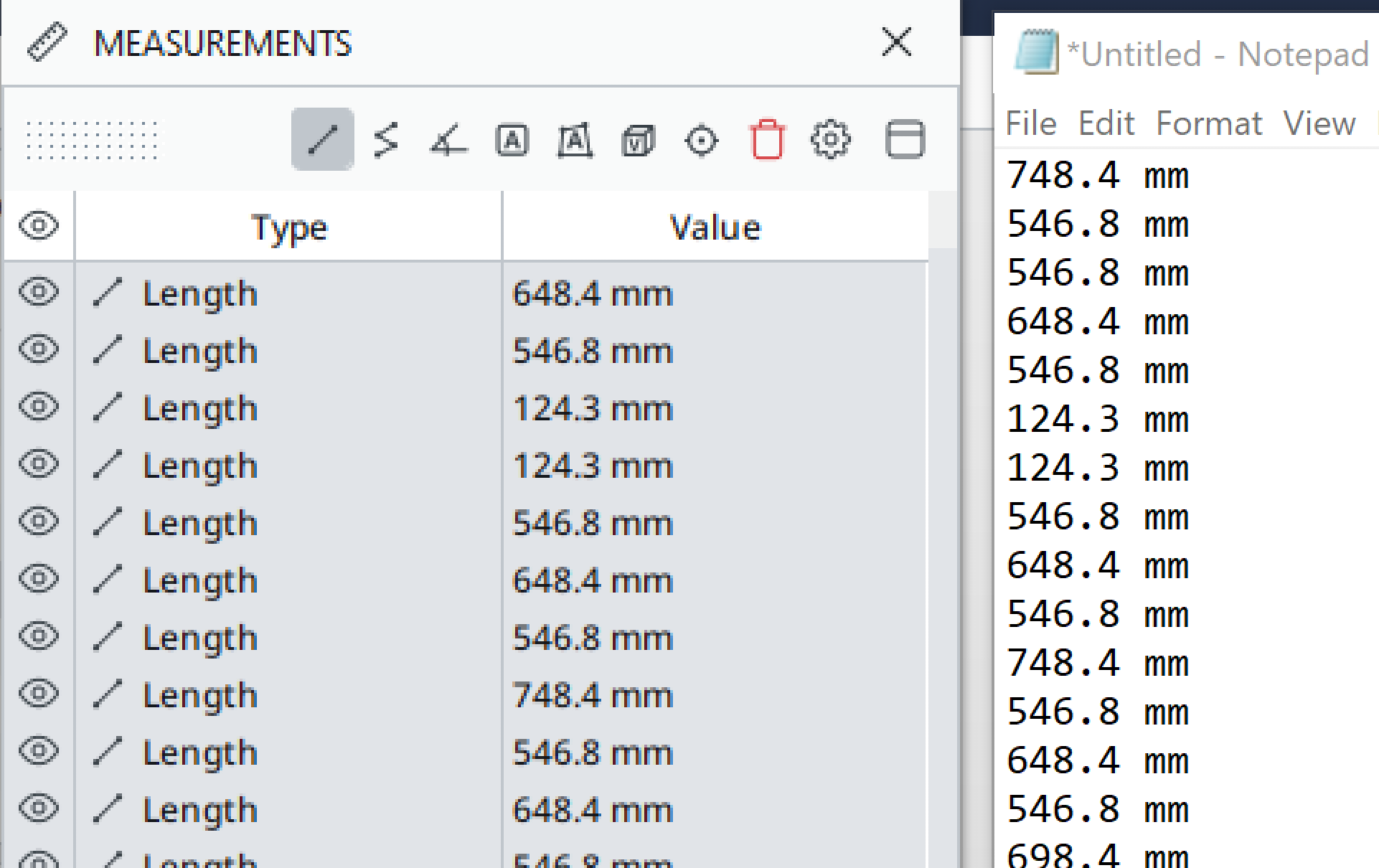 Copied values displayed in Notepad