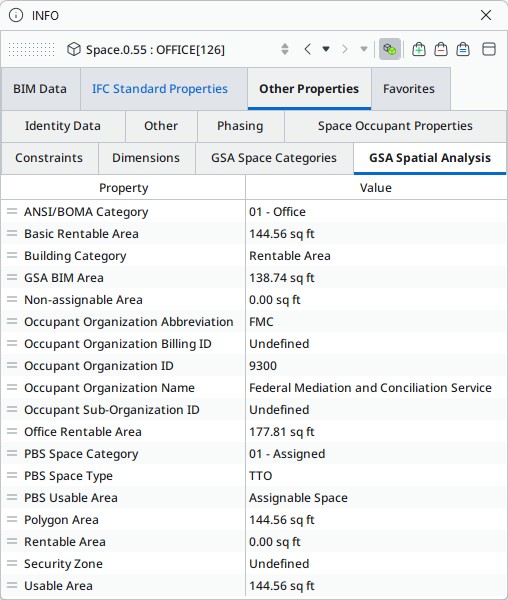 Info View showing GSA Spatial Analysis properties of a Space