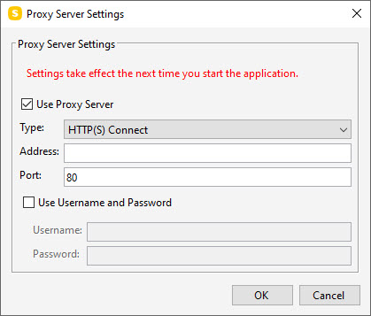 Proxy server settings dialog
